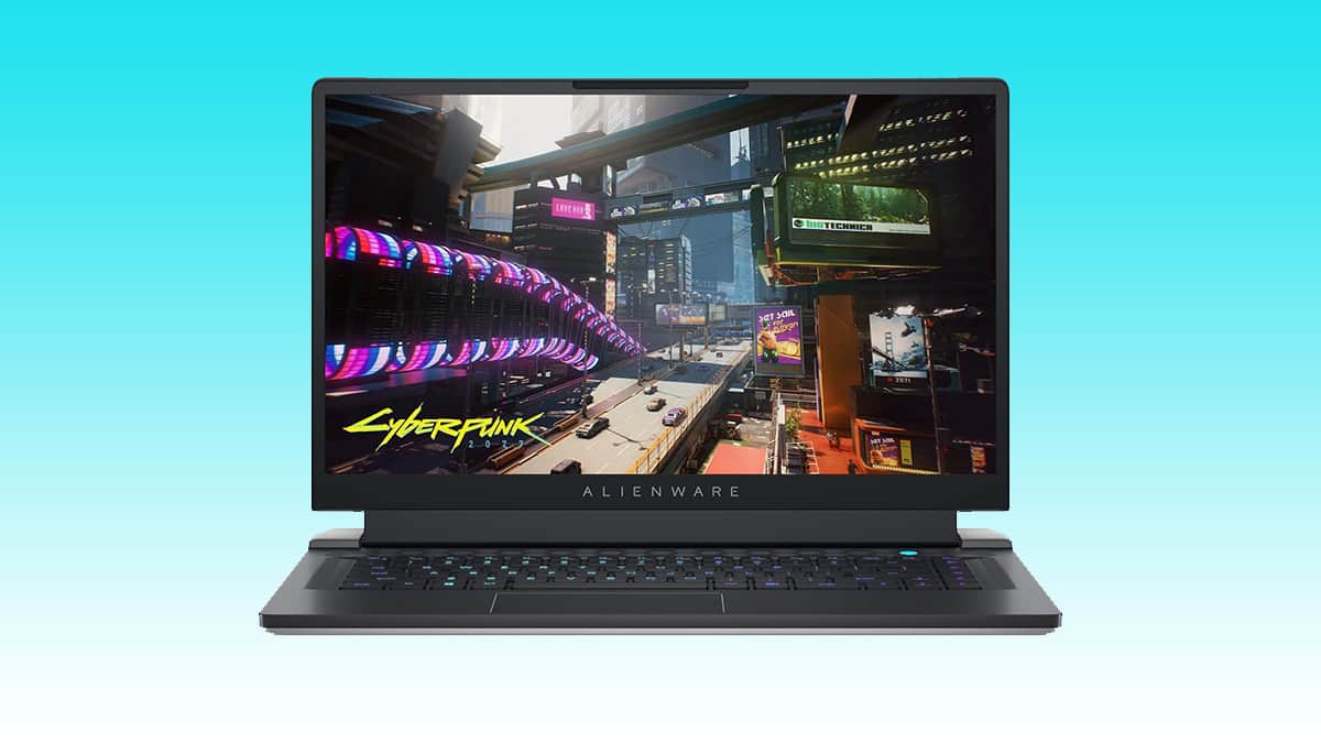 An alienware laptop displaying an Auto Draft from the video game cyberpunk 2077.