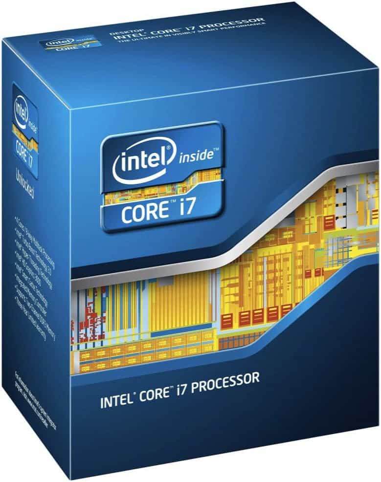 Product box for an Intel Core i7-3770K processor, featuring the Intel logo and a graphic of a chip layout on the sides.