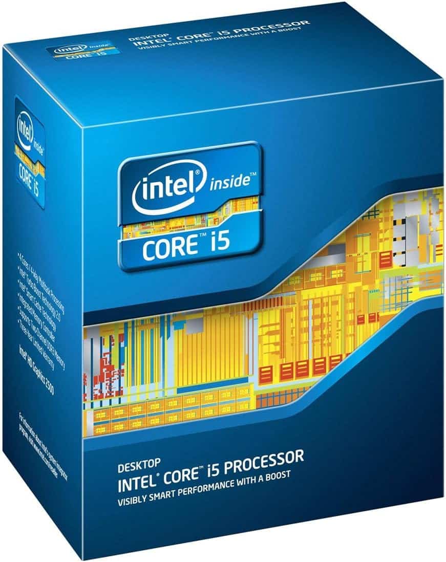 A blue Intel Core i5-3570 processor box featuring the logo and a graphic design of circuitry, branded as "desktop core i5 processor".