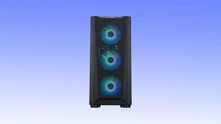 A black triple-stacked gaming pc speaker system with glowing blue led lights, set against a gradient blue background.