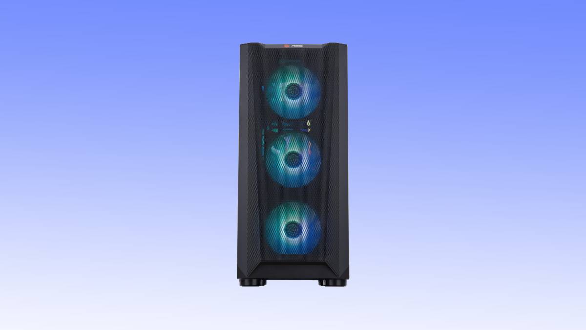 A black triple-stacked gaming pc speaker system with glowing blue led lights, set against a gradient blue background.