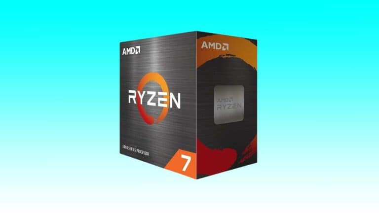 AMD Ryzen 7 5800X processor box with its logo displayed on a blue to teal gradient background.