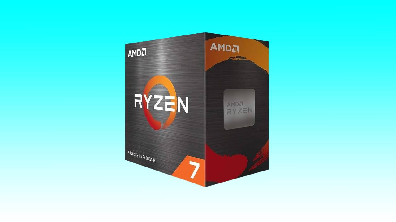 AMD Ryzen 7 5800X processor box with its logo displayed on a blue to teal gradient background.