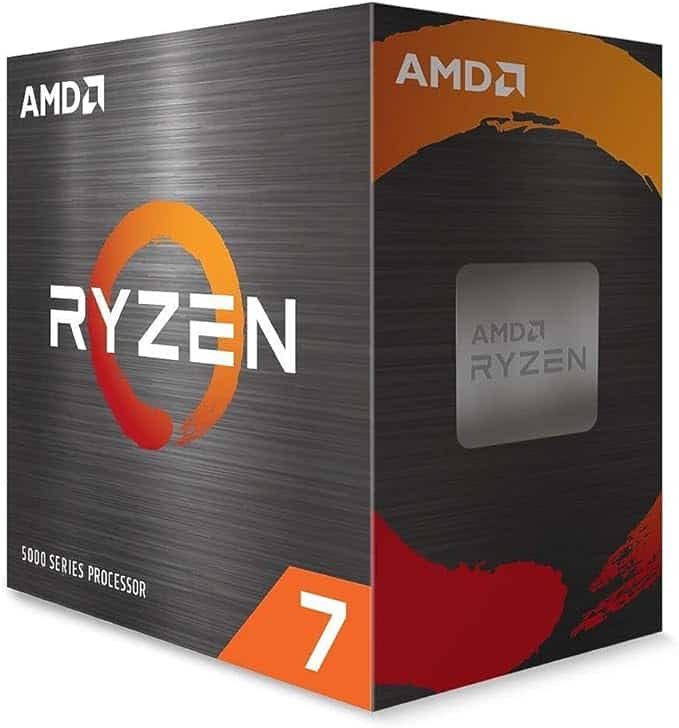 Box packaging for an AMD Ryzen 7 5800X CPU, featuring the brand's logo and a gray and red color scheme.
