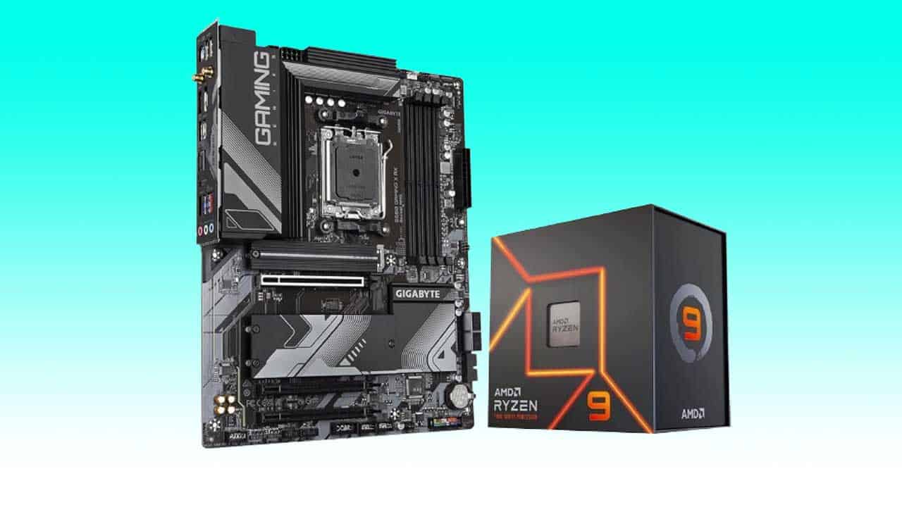 A GIGABYTE B650 AORUS Elite gaming motherboard next to a box of an AMD Ryzen 9 7900X processor, both set against a soft teal background.