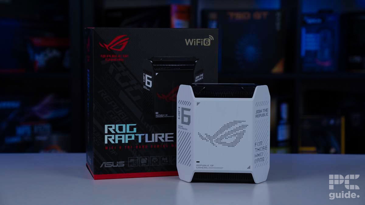 ASUS ROG Rapture GT6 router in front of box, Image by PCGuide