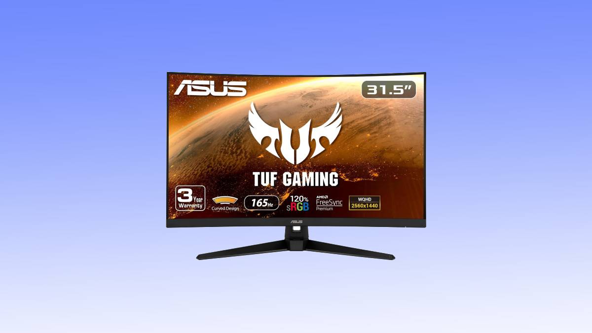 An Asus TUF gaming monitor deal, 31.5 inches, displayed with key features like 165Hz refresh rate, 1ms response time, HDR10, on a gradient blue background.