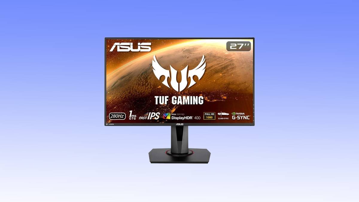 An asus tuf gaming 27-inch monitor deal displaying a fiery cosmic scene, featuring specifications for a high refresh rate and g-sync compatibility.