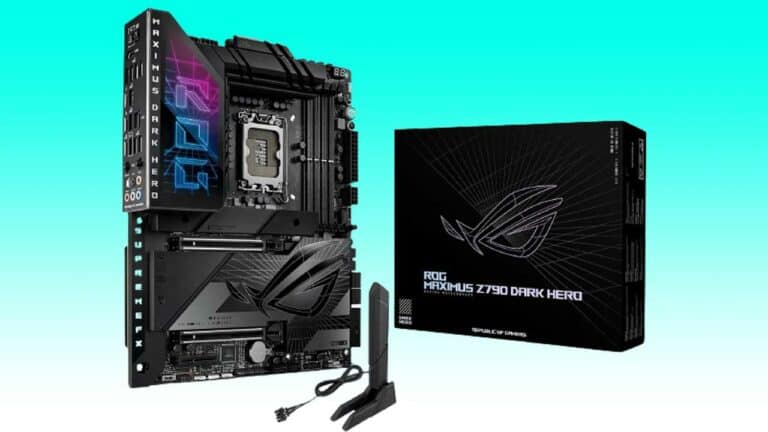 An asus rog maximus z790 dark hero motherboard deal against a teal background with its retail box displayed to the right.