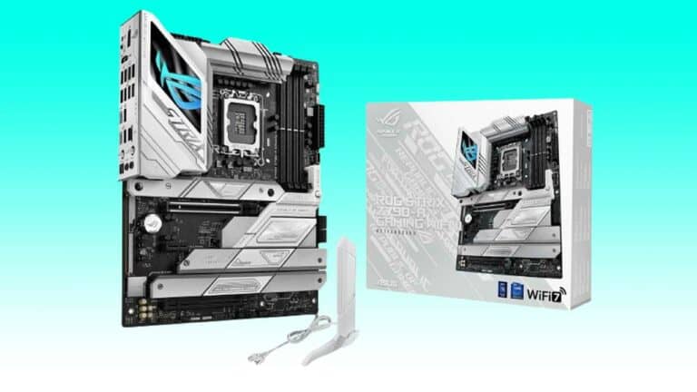 Asus proart z690-creator wifi motherboard deal with packaging and accessories displayed against a turquoise background.