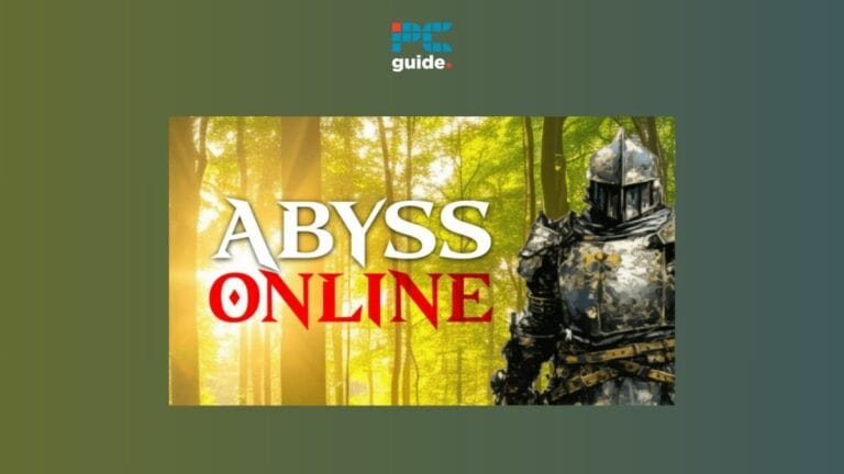 Promotional image for "Abyss Online" featuring a knight in full armor, standing in a forest bathed in green light, highlighting the game's system requirements prominently displayed alongside the logo.