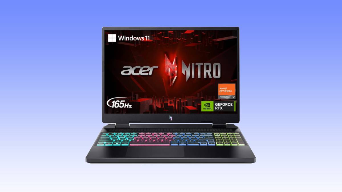 Acer Nitro gaming laptop displaying its Windows 11 operating system, RGB backlit keyboard, and featuring AMD Ryzen, Nvidia GeForce RTX, and 165Hz screen specifications against a gradient background. Don’t miss out on this incredible gaming laptop deal!