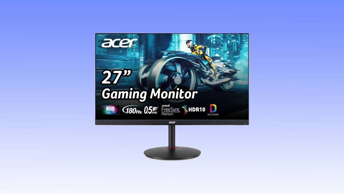 Front view of a 27-inch Acer gaming monitor with specifications displayed: 180Hz, 0.5ms response time, AMD FreeSync Premium, HDR10, and DCI-P3 90% color gamut. Background features a futuristic motorcycle scene, highlighting an unbeatable gaming monitor deal.