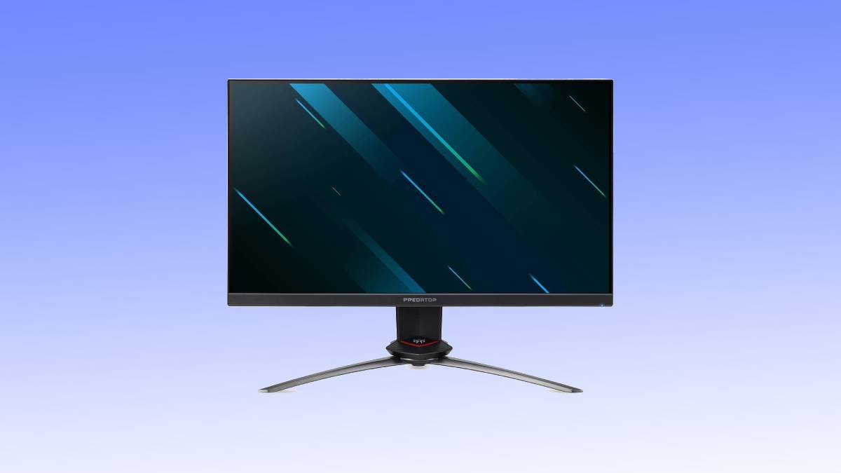 A modern gaming monitor displaying a vibrant abstract wallpaper with green and blue diagonal stripes, set against a plain blue background.