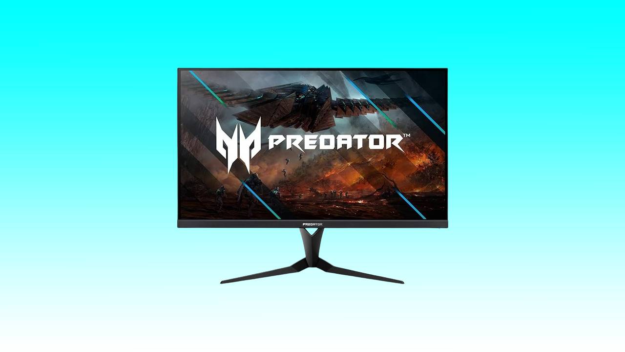 Acer Predator gaming monitor displaying an action-packed game scene, set against a solid turquoise background.