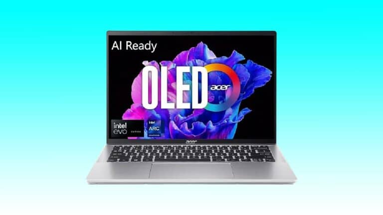 Acer Swift laptop displaying "AI ready OLED" on screen with an Intel and Acer logo, against a gradient blue background.