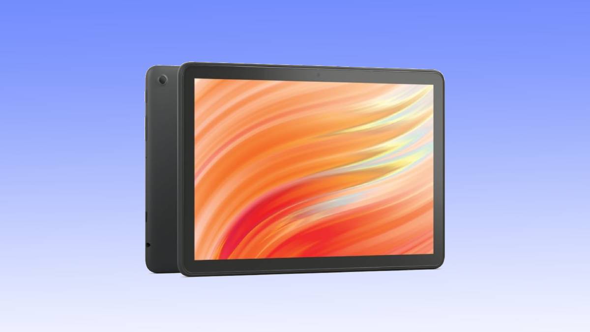Tablet with a vibrant orange and yellow abstract design on the screen, against a light blue gradient background. Don't miss out on this amazing tablet deal!