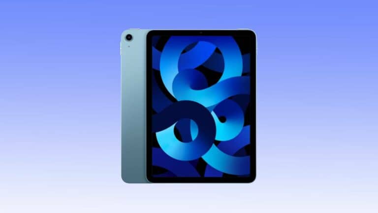 A modern tablet with a blue abstract wallpaper displayed on its screen, positioned vertically against a plain, gradient blue background.