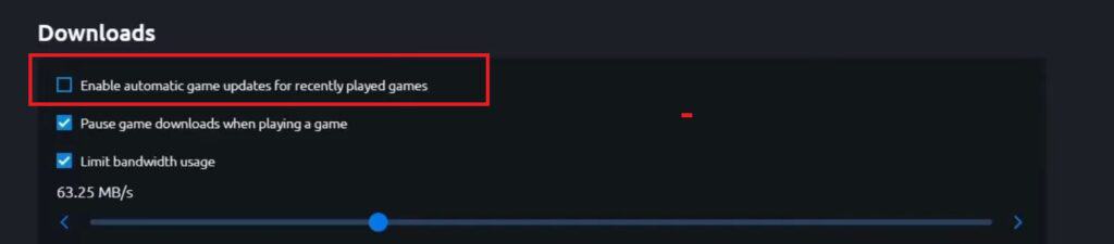 A settings menu with "Enable automatic game updates for recently played games" unchecked and three options below it, with two of them checked. Download speed slider is set to 63.25 MB/s. This setup could help avoid issues like XDefiant crashing on PC.