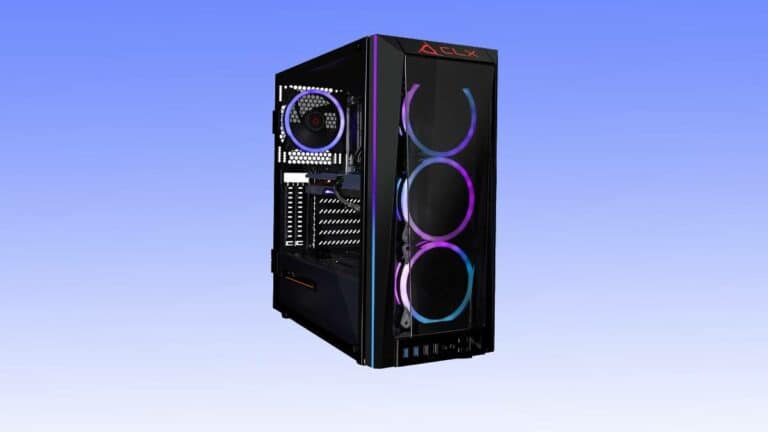 A black gaming pc deal tower with a transparent side panel and purple glowing fans on a gradient blue background.