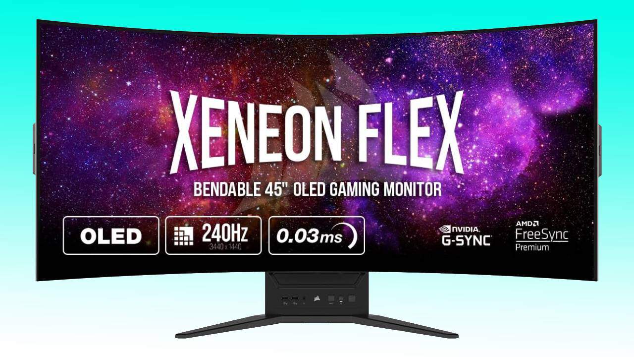 Curved QD-OLED gaming monitor displaying the text "xeneon flex" on a space-themed background, featuring icons for 240hz, 0.03ms response time, and frees