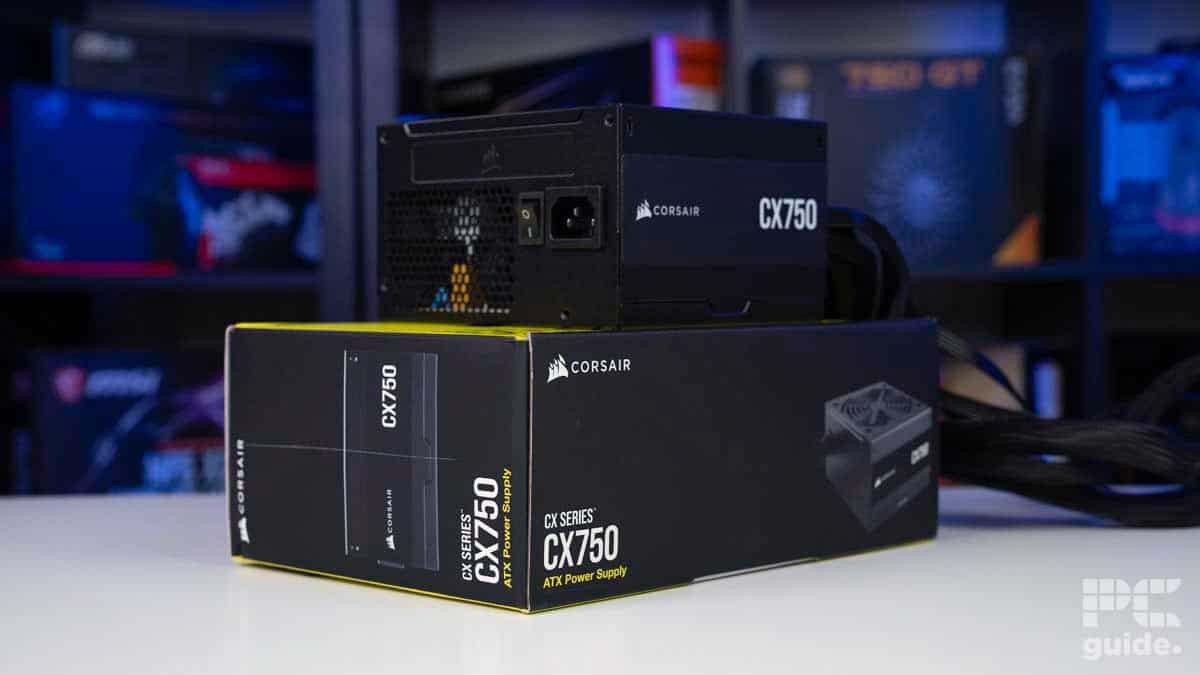Corsair CX750 on top of box, source PCGuide