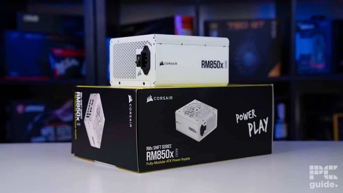 Corsair RM850x Shift White on top of box, Image by PCGuide