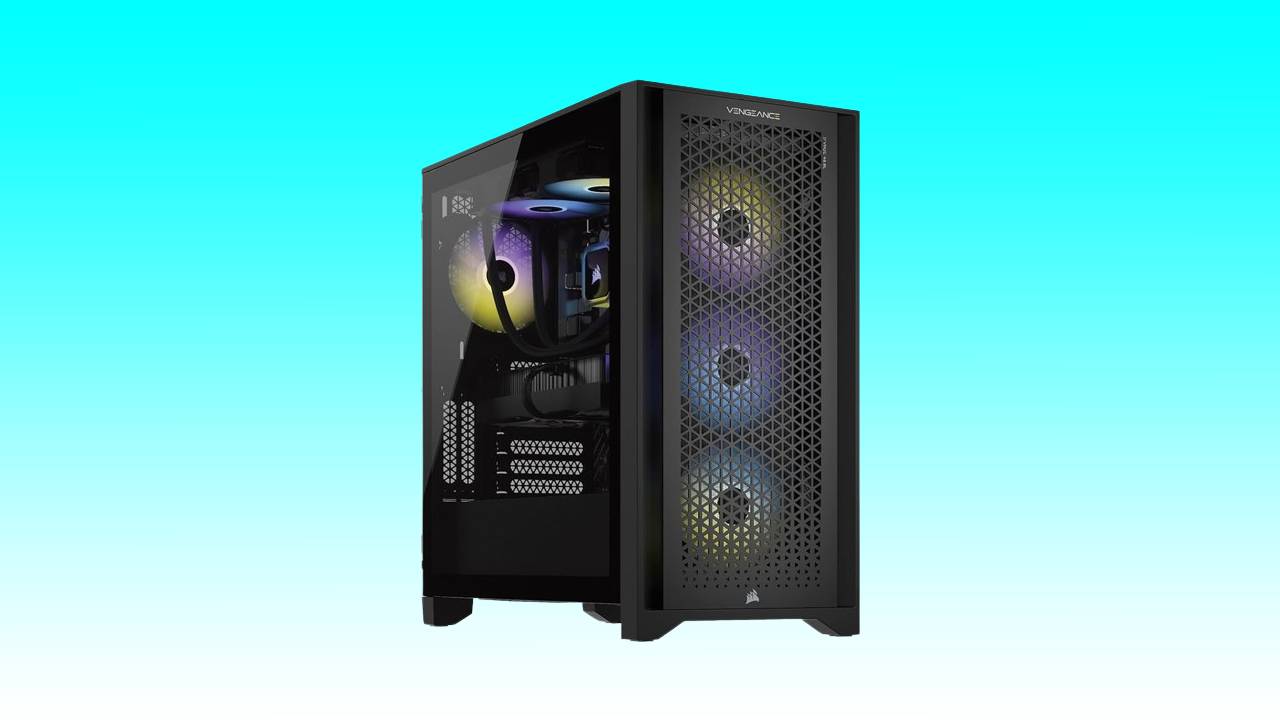 Black Corsair Vengeance gaming PC tower with a transparent side panel showcasing internal components, set against a blue gradient background.
