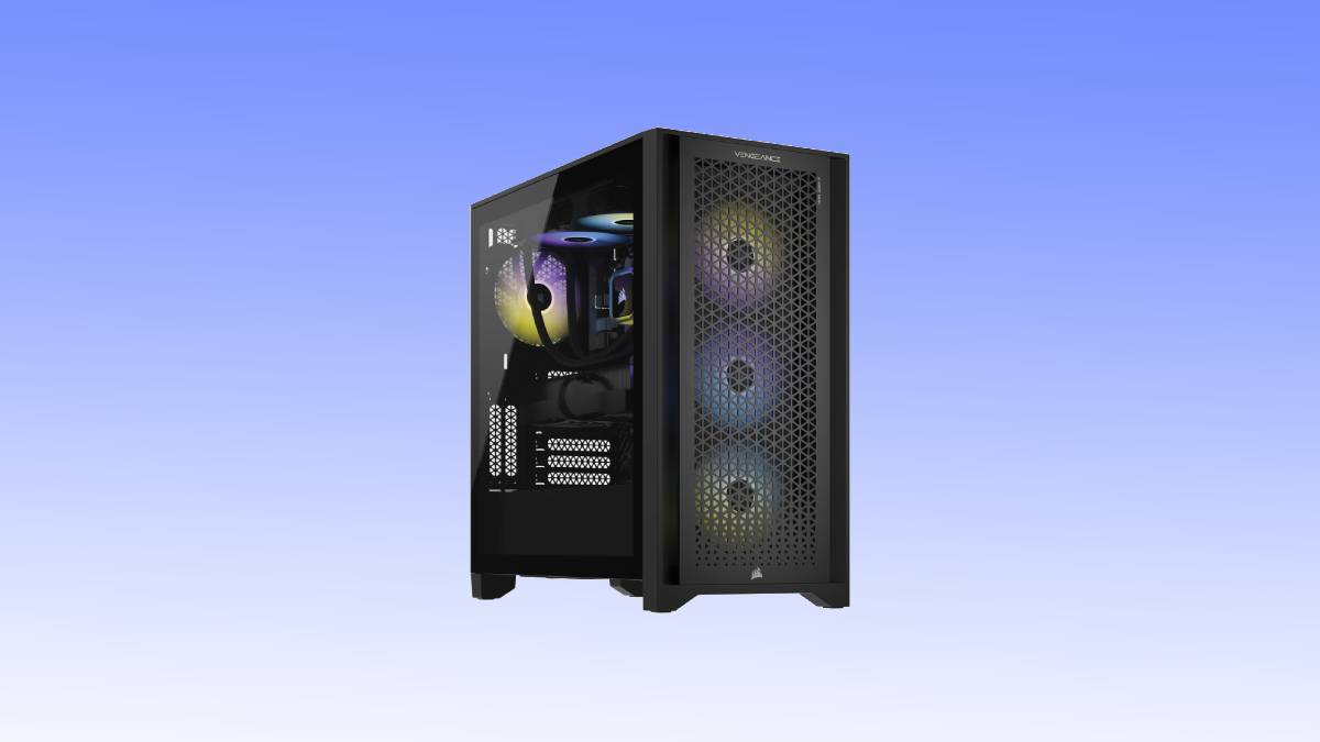 A modern gaming desktop computer with a transparent side panel showcasing its internal components and led lights.