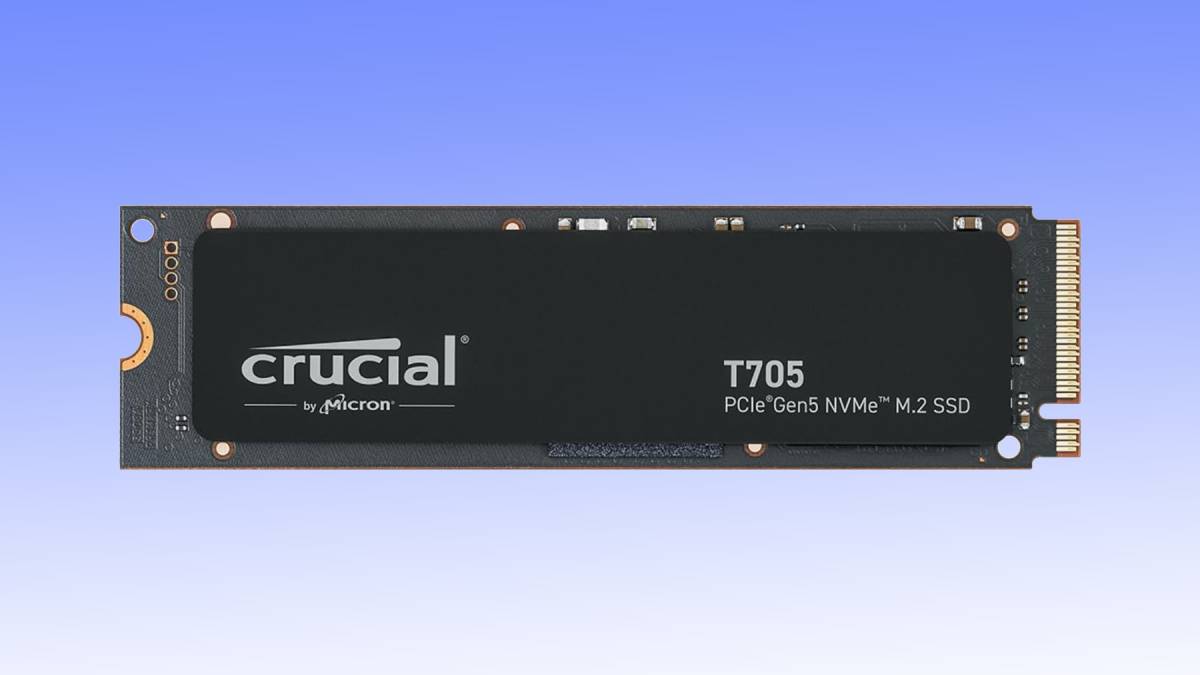 A crucial by micron t705 pcie gen5 nvme m.2 ssd deal against a blue gradient background.