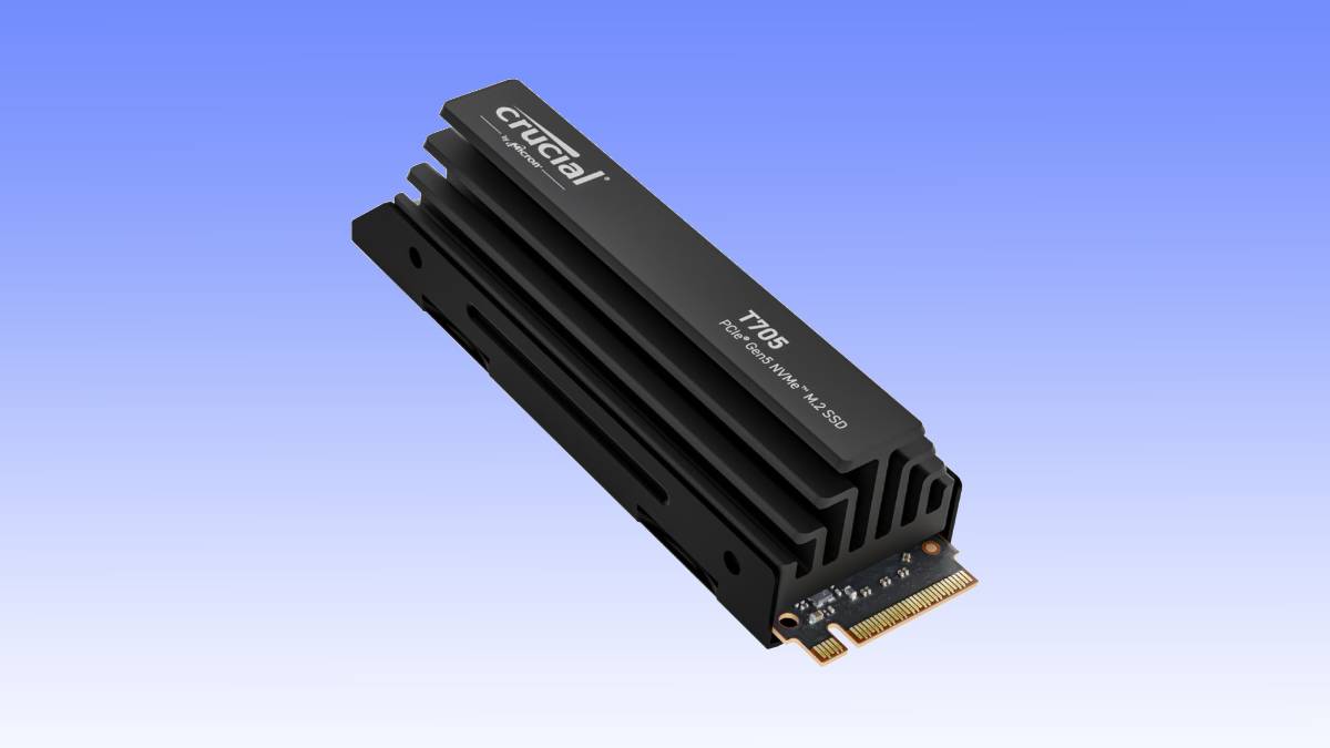 Black crucial m.2 ssd deal with heatsink on a gradient blue background.