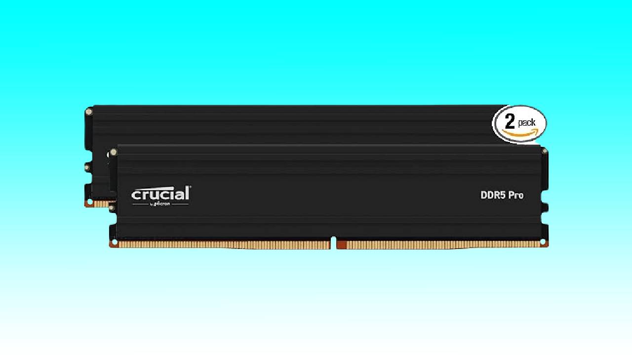 Two crucial ddr5 pro 64GB RAM sticks against a teal background, labeled as a 2-pack.