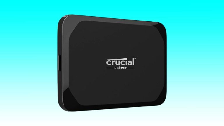 Black crucial brand 2TB SSD external solid state drive on a blue gradient background.