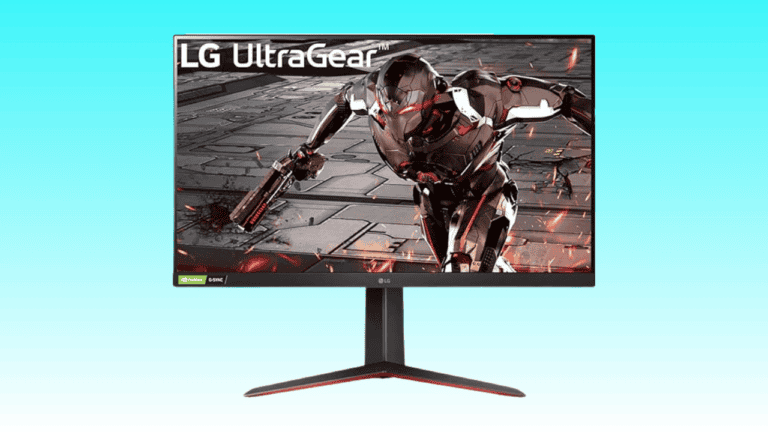 LG Ultragear high-performance gaming monitor displaying a futuristic robot warrior on a blue background.