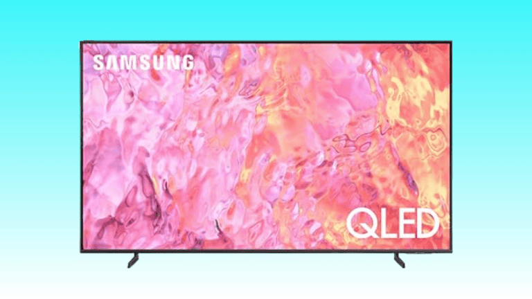 Samsung QLED TV displaying a vibrant, abstract pink and orange art screen during Amazon Gaming Week.