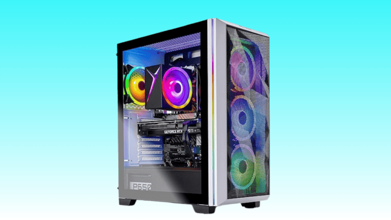 High-performance gaming PC with a transparent side panel showcasing internal components and multicolored LED lights.