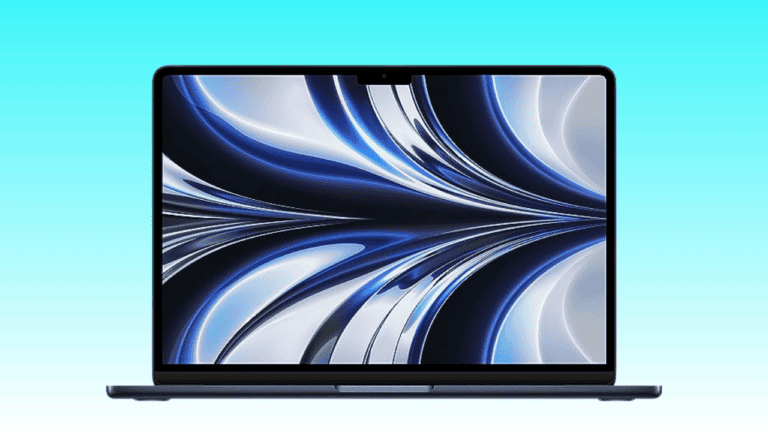 A modern New MacBook Air with a minimal bezel design displaying a vibrant abstract wallpaper with swirling blue and silver lines on a light blue background.
