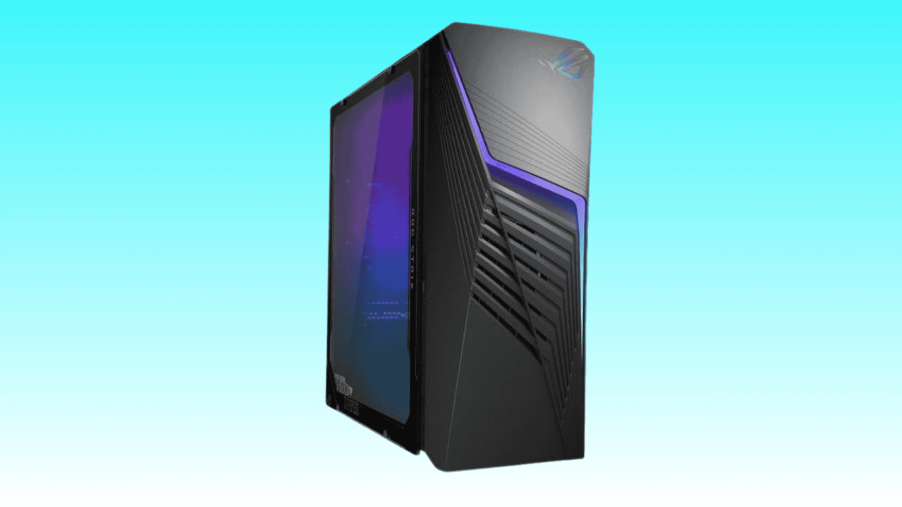 A modern ASUS ROG G13CH gaming computer tower with blue lighting on a turquoise background.