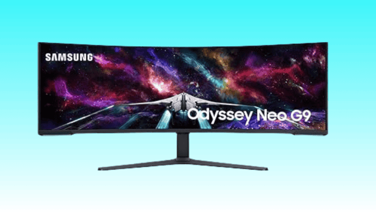 Samsung Odyssey Neo G9 high-end curved gaming monitor displaying a vibrant galaxy and space scene.