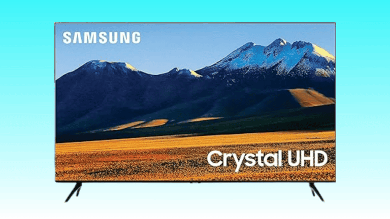 Samsung 86-inch Crystal UHD TV displaying a vibrant image of snow-capped mountains and a colorful foreground.