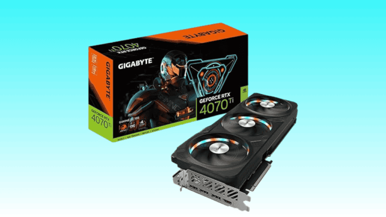 A GIGABYTE RTX 4070 Ti graphics card alongside its product box, depicted on a plain blue background.