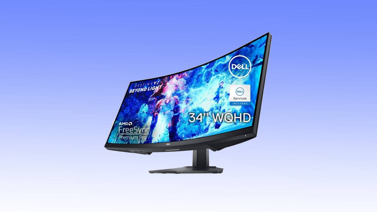 A curved Dell 34-inch WQHD gaming monitor with AMD FreeSync Premium Pro displaying a colorful screen, against a gradient blue background. Don't miss this fantastic gaming monitor deal!