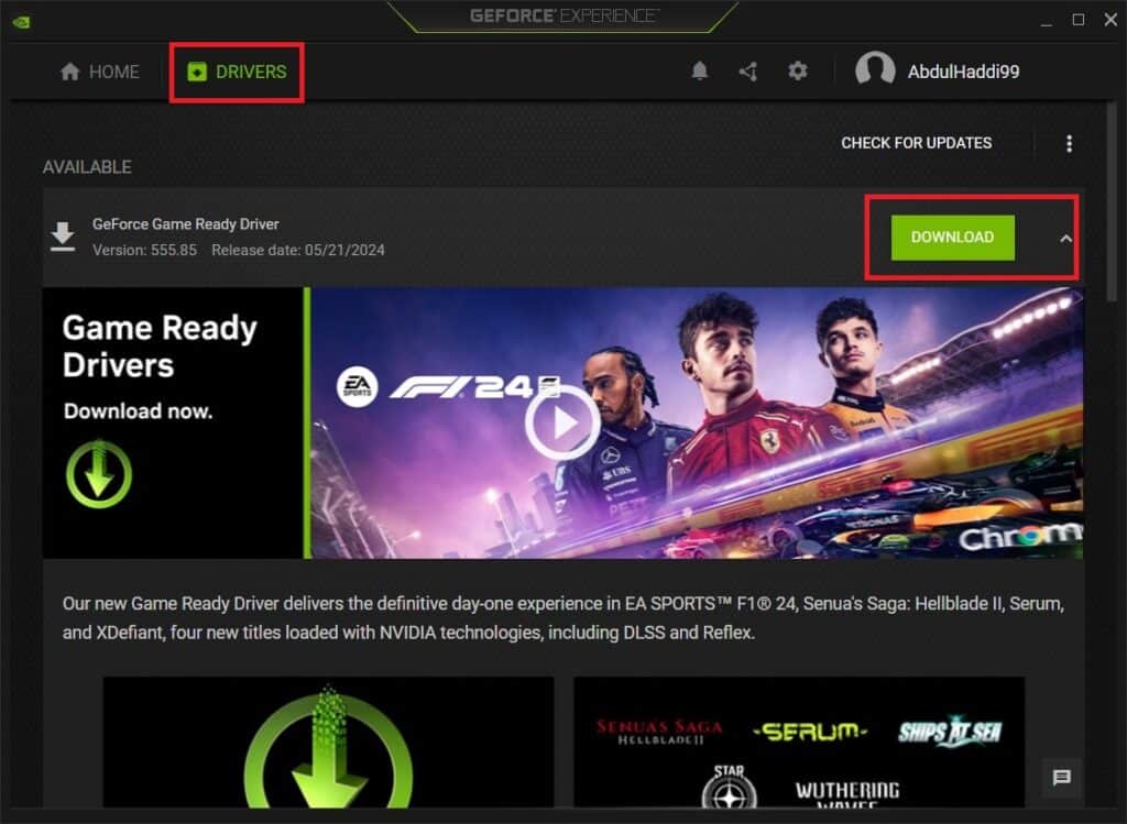 Screenshot of the GeForce Experience application open to the Drivers tab, displaying the option to download the GeForce Game Ready Driver version 536.88 for an optimal experience in F1® 24 and how to fix crashing on PC issues in XDefiant.