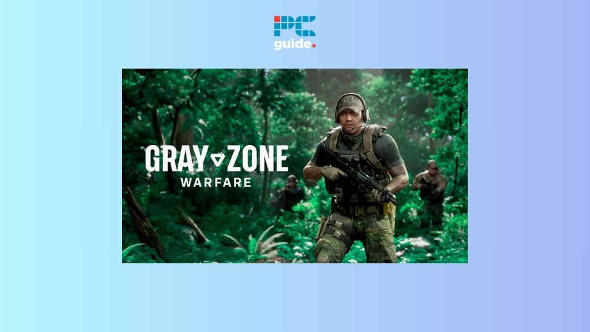Promotional image for the video game "Gray Zone Warfare" showing a soldier in combat gear in a forest, with the PS guide logo on the top left.
