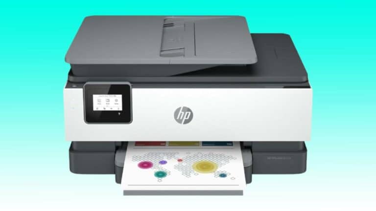 An HP multifunction printer with an Auto Draft feature and a color printout on a gradient turquoise and mint background.