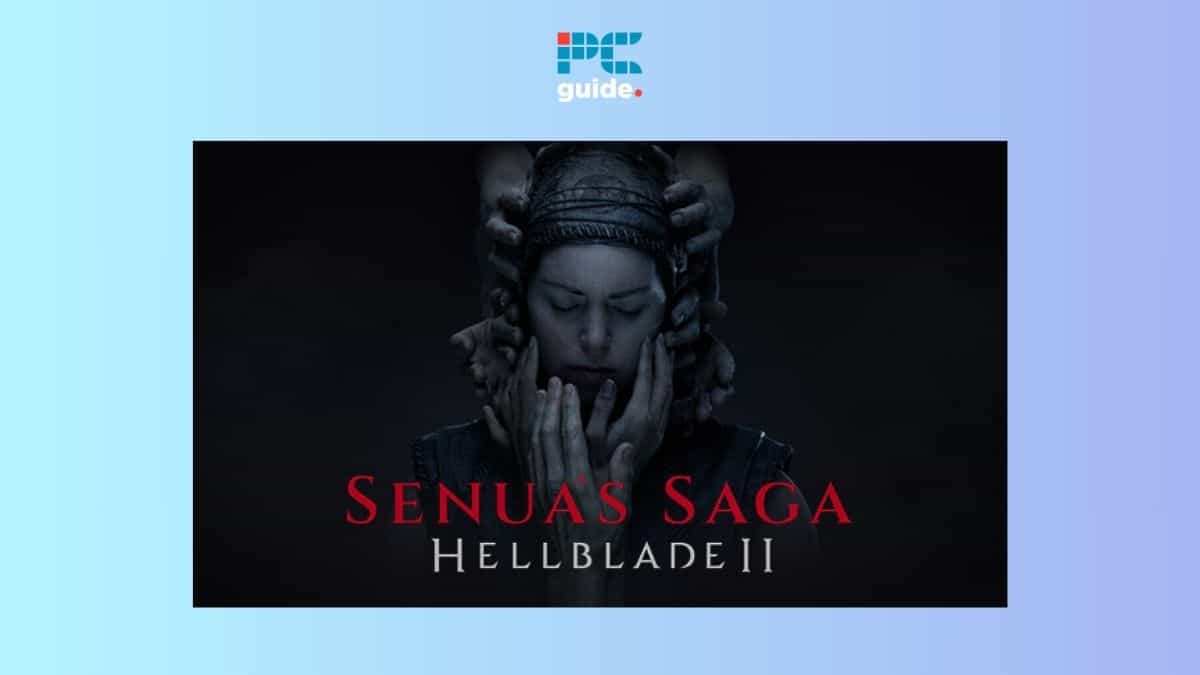 Senua from Hellblade II, depicted with hands near her face, wearing a headpiece, against a blue background, with the game's title below.