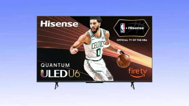 A Hisense Quantum ULED TV displaying a basketball player in a Celtics uniform, with logos for Hisense, NBA, and Fire TV on the screen—a perfect tv deal for sports enthusiasts.