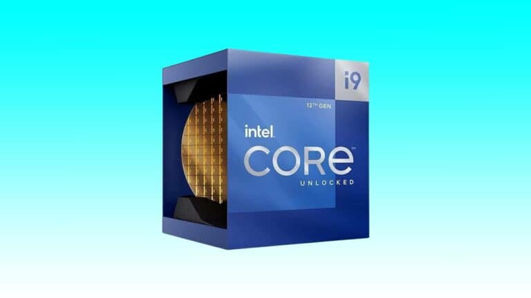 Intel core i9 12th gen powerful CPU unlocked processor package on a blue background.