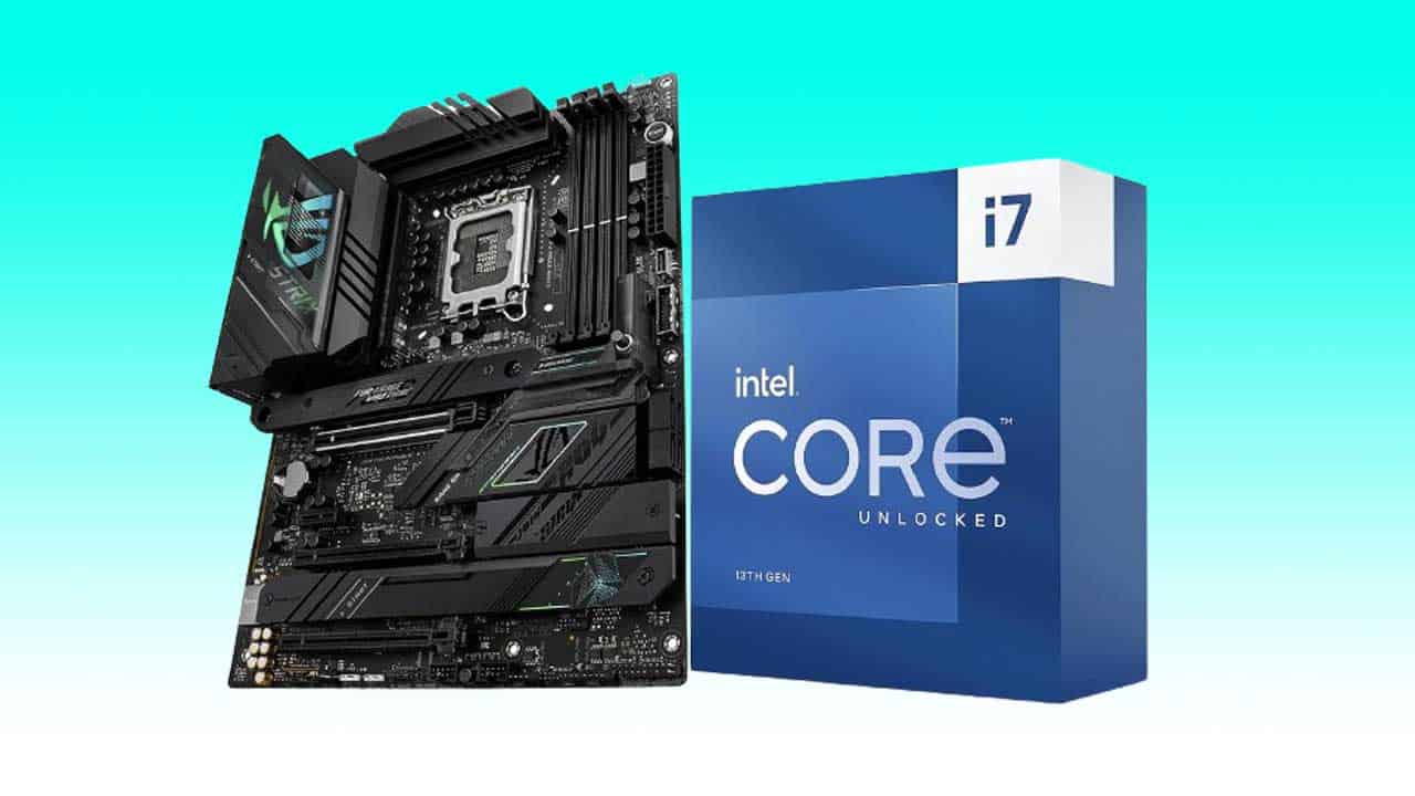 Intel i7-13700K unlocked processor box next to a black ASUS ROG Strix Z790-F motherboard on a light blue background.