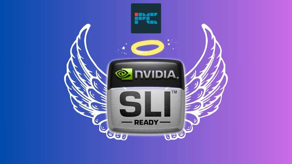 A digital graphic featuring an Nvidia SLI-ready logo badge with angelic wings and a halo on a purple and blue gradient background.